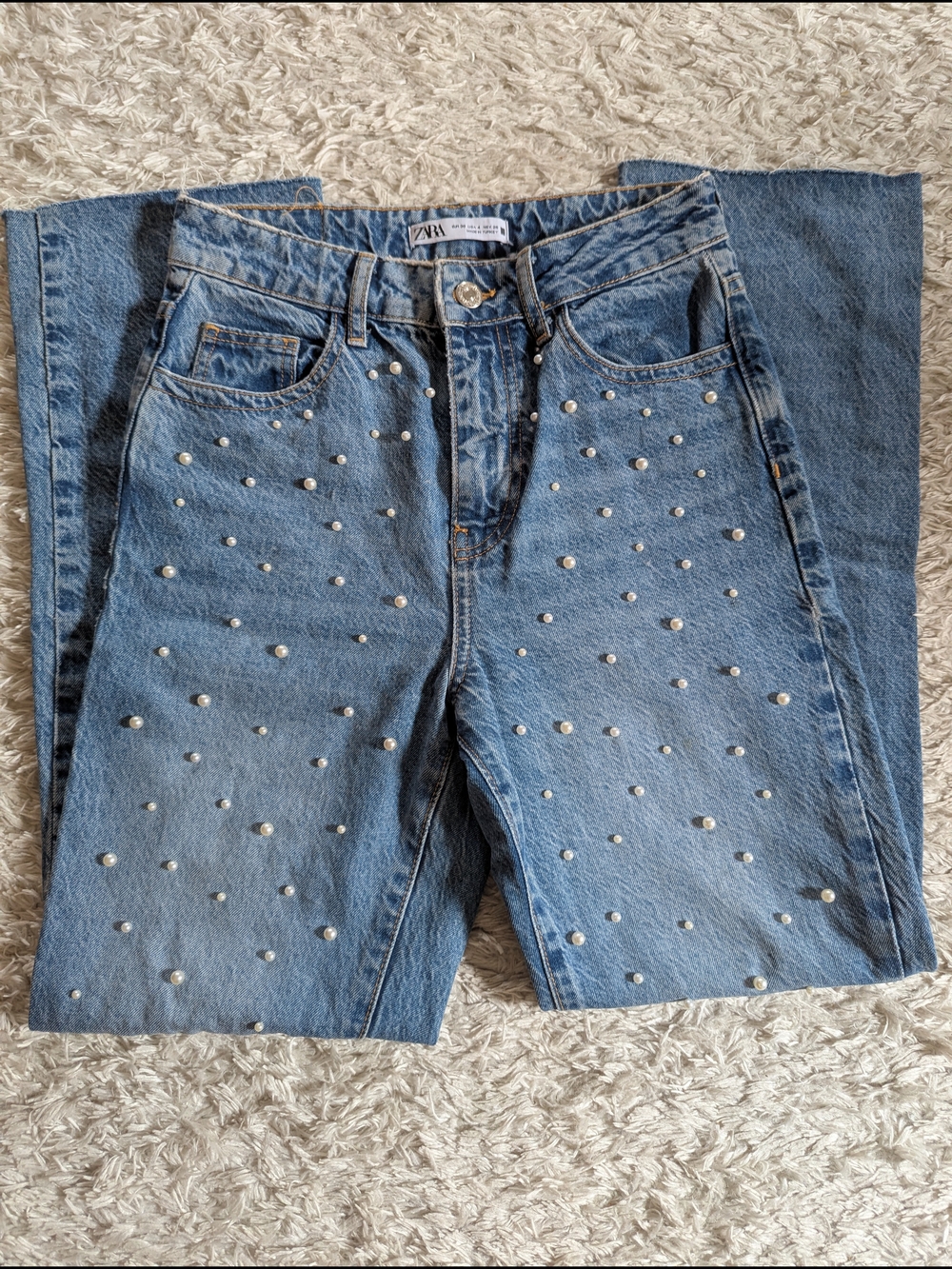 Zara High Waist Blue Pearl-Studded Straight Leg Jeans - Picture 6 of 9